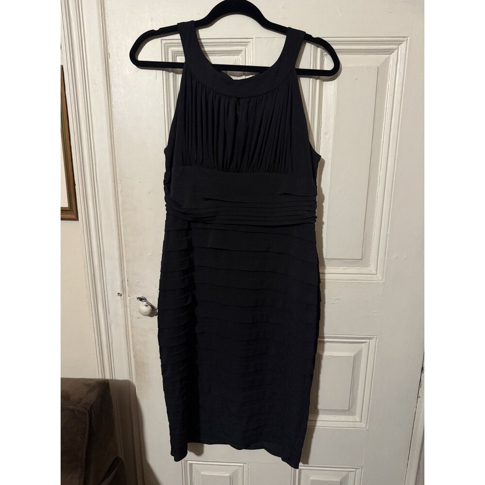 Studio AA Black Pleated Sheath Cocktail Dress Size 10 Sleeveless Midi Party